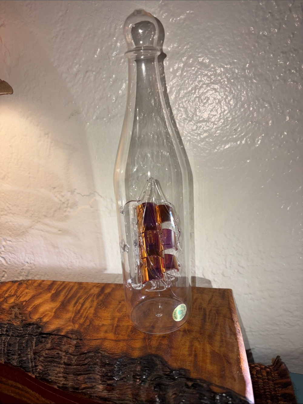 Glass Nautical Ship in Bottle - Clear with Pink and Gold Accents - Picture 3 of 4